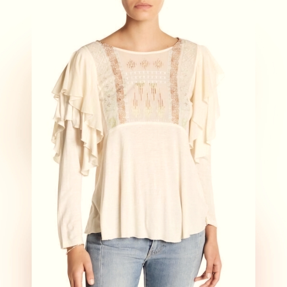 Free People La Cienega Almond Embroidered Top